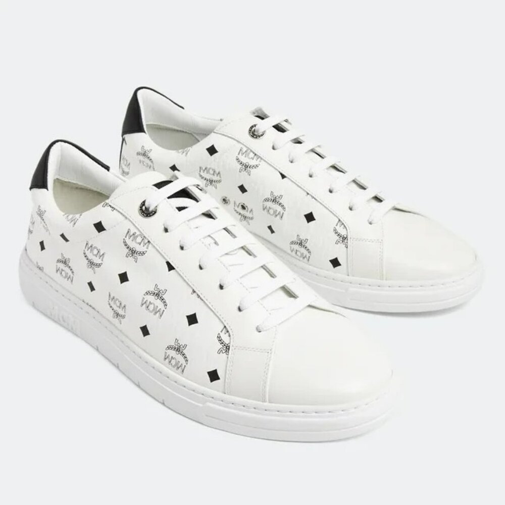 MCM Men's Terrain Derby Visetos Logo White Leather Sneakers Size 46 (MSRP $450)